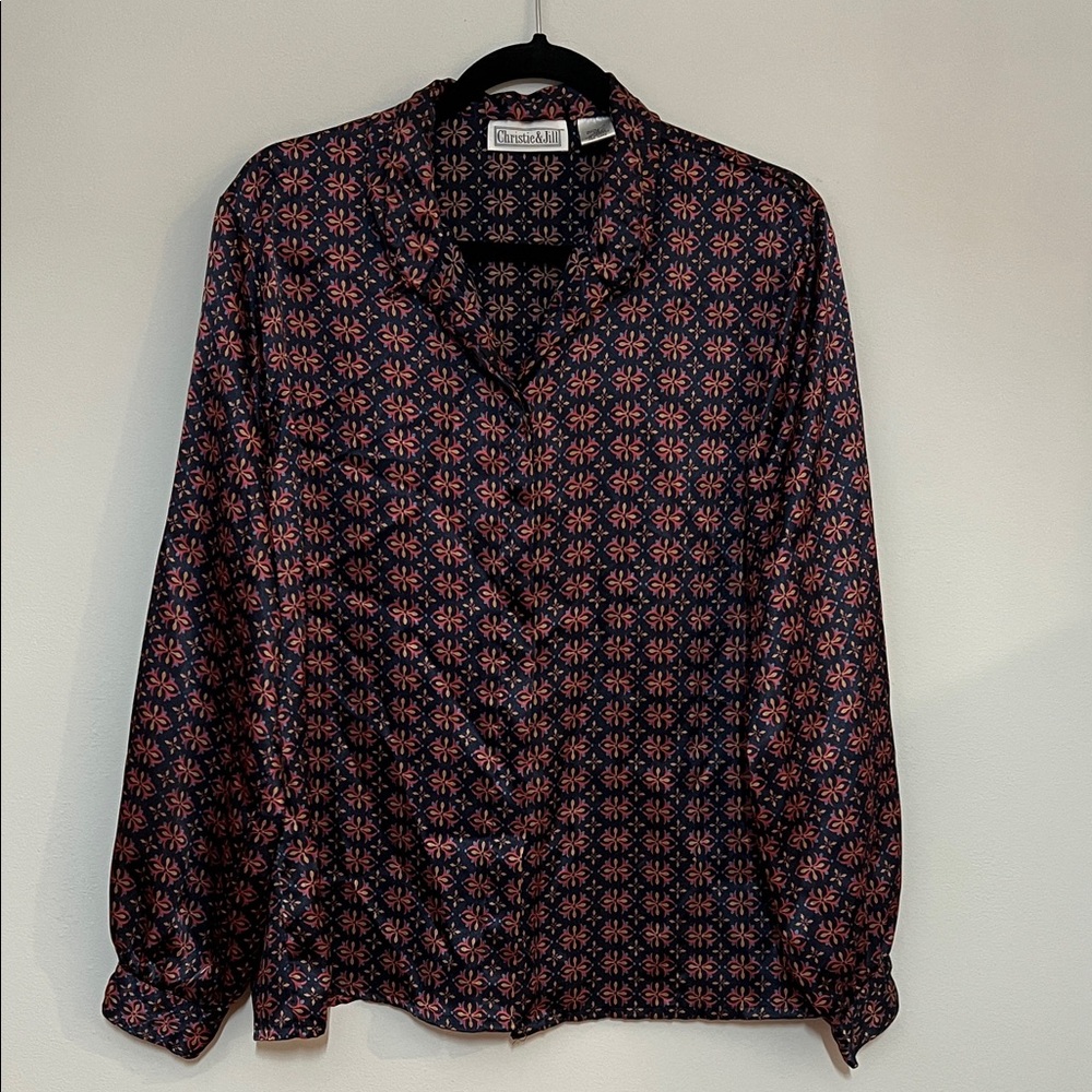 Christie & Jill Long Sleeve Button Font Round Collard Womens Layering Staple